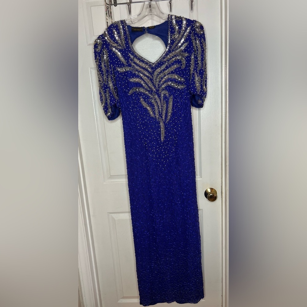 Vtg Mark & John Sequin/Beaded midi Dress Small 100% Silk Blue Open Back Split